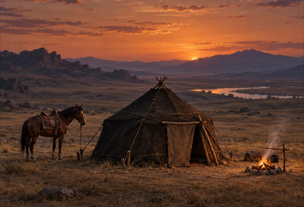 A tent at sunset in the player's homestead